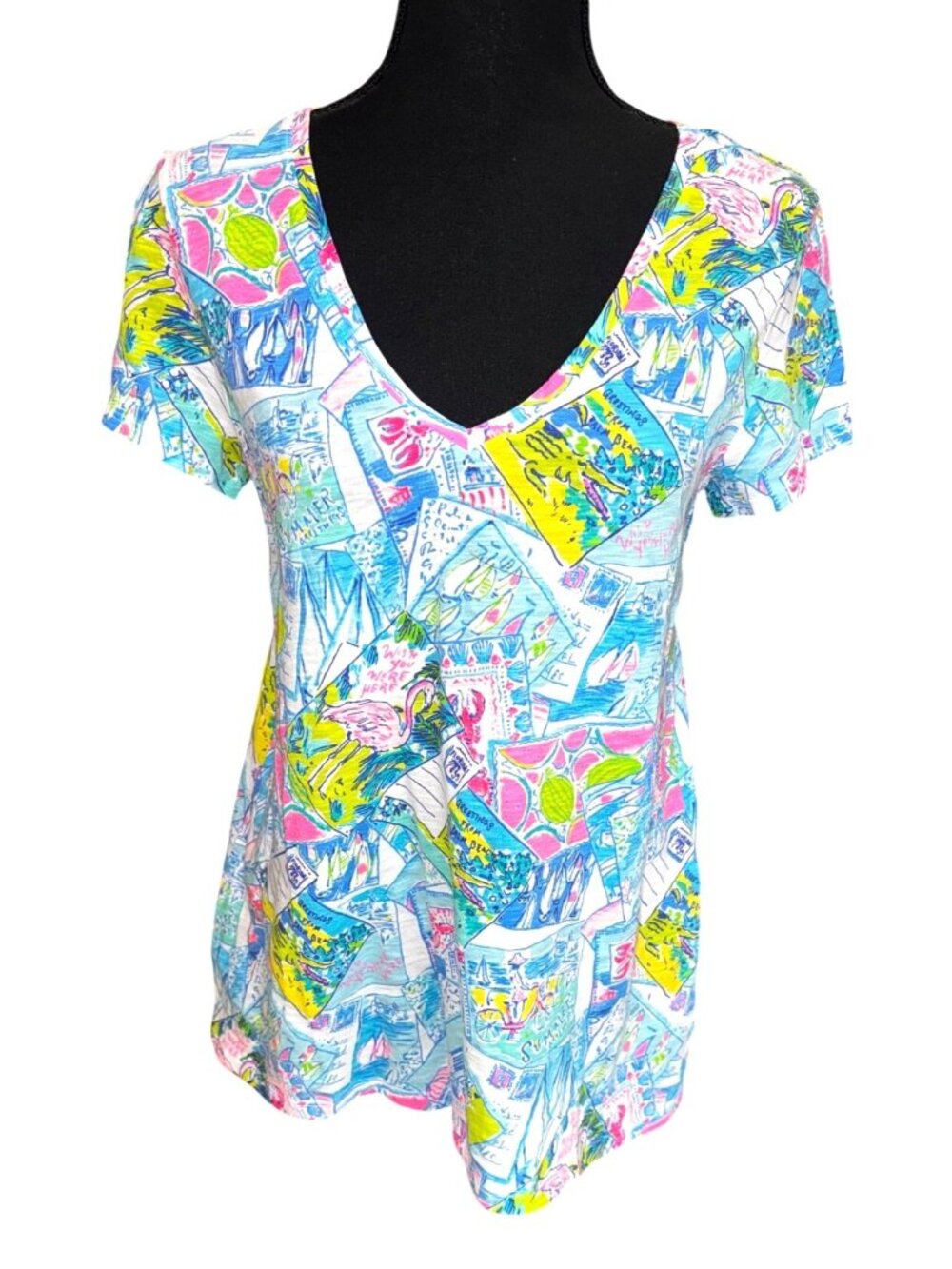 NWT Lilly Pulitzer Etta V-Neck T-Shirt S Multi-Color 100% Cotton Casual Travel